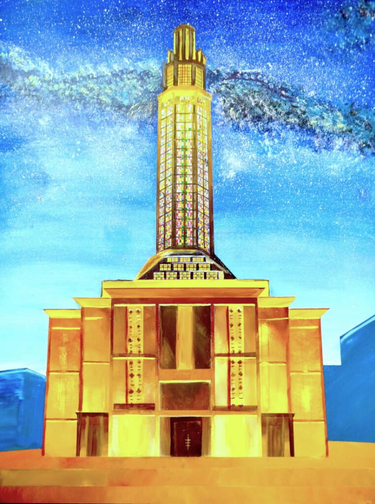 Original hand-painted artwork on wood panel by Eldor Art depicting Le Havre’s iconic modernist tower glowing with vibrant stained-glass colors under a starry night sky, highlighting the city’s architectural heritage and creating a poetic urban nightscape.
