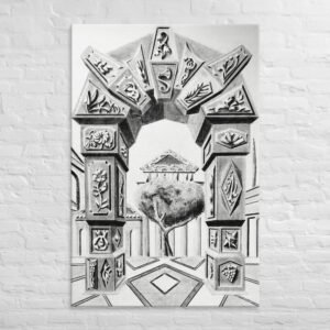 Step into a world of timeless imagination with Arch of Symbols, a hand-drawn pencil artwork by Eldor Art that captures the elegance of ancient architecture infused with surreal fantasy. Every detail is meticulously rendered by hand, giving each print an authentic, textured depth rarely found in digital works. This black-and-white drawing features an intricately carved archway adorned with mysterious symbols and organic motifs, leading to a dreamlike courtyard with a solitary tree and a temple in the distance. Its symmetrical composition and striking perspective create a visual illusion that draws the viewer in, making it a perfect centerpiece for lovers of fantasy, classical architecture, and fine pencil art.