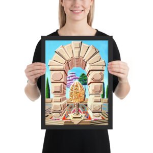 The Memory Cage is a vivid hand-painted artwork originally created on wood panel by Eldor Art, blending geometric architecture with poetic symbolism. This piece invites the viewer to reflect on cherished memories—those timeless moments that remain untouched by the passage of time. At the center of the composition stands a golden, ornate structure—a memory cage—set beneath a monumental arch and surrounded by dreamlike trees in surreal colors. The clean architectural lines contrast with the organic swirls of the sculpture, evoking a delicate balance between permanence and emotion.