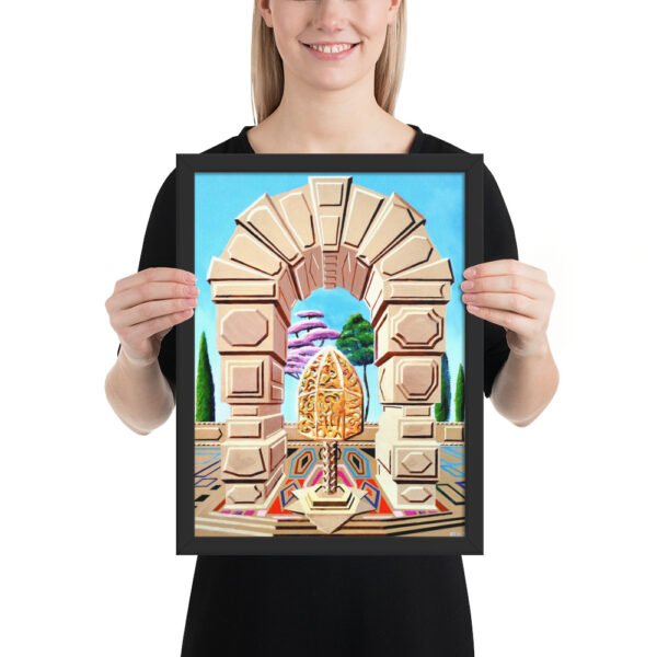 The Memory Cage is a vivid hand-painted artwork originally created on wood panel by Eldor Art, blending geometric architecture with poetic symbolism. This piece invites the viewer to reflect on cherished memories—those timeless moments that remain untouched by the passage of time. At the center of the composition stands a golden, ornate structure—a memory cage—set beneath a monumental arch and surrounded by dreamlike trees in surreal colors. The clean architectural lines contrast with the organic swirls of the sculpture, evoking a delicate balance between permanence and emotion.