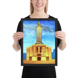 Original hand-painted artwork on wood panel by Eldor Art depicting Le Havre’s iconic modernist tower glowing with vibrant stained-glass colors under a starry night sky, highlighting the city’s architectural heritage and creating a poetic urban nightscape.