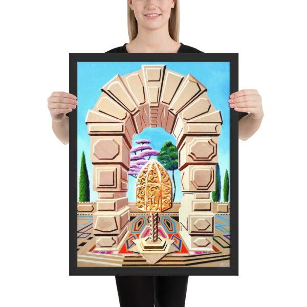 The Memory Cage is a vivid hand-painted artwork originally created on wood panel by Eldor Art, blending geometric architecture with poetic symbolism. This piece invites the viewer to reflect on cherished memories—those timeless moments that remain untouched by the passage of time. At the center of the composition stands a golden, ornate structure—a memory cage—set beneath a monumental arch and surrounded by dreamlike trees in surreal colors. The clean architectural lines contrast with the organic swirls of the sculpture, evoking a delicate balance between permanence and emotion. Now available as a museum-quality print on canvas, poster paper, or other premium materials through Printful, this piece will elevate any interior with its radiant colors and unique narrative.