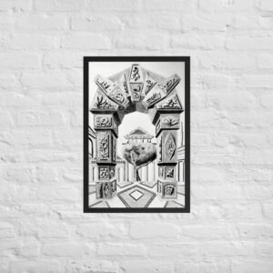 Step into a world of timeless imagination with Arch of Symbols, a hand-drawn pencil artwork by Eldor Art that captures the elegance of ancient architecture infused with surreal fantasy. Every detail is meticulously rendered by hand, giving each print an authentic, textured depth rarely found in digital works. This black-and-white drawing features an intricately carved archway adorned with mysterious symbols and organic motifs, leading to a dreamlike courtyard with a solitary tree and a temple in the distance. Its symmetrical composition and striking perspective create a visual illusion that draws the viewer in, making it a perfect centerpiece for lovers of fantasy, classical architecture, and fine pencil art.