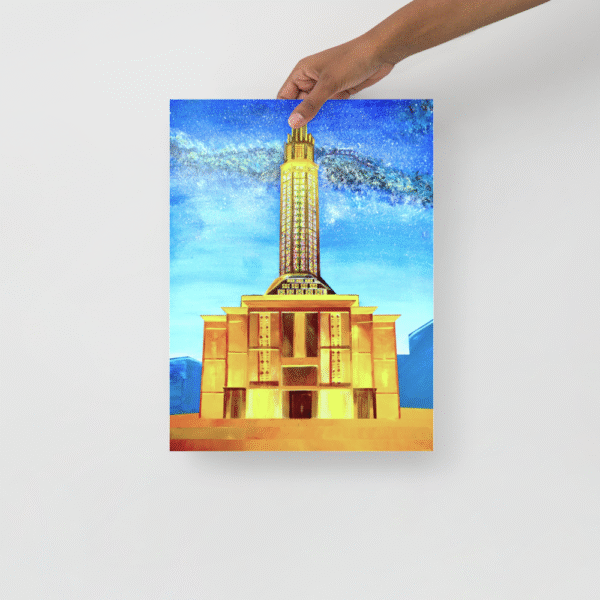 Original hand-painted artwork on wood panel by Eldor Art depicting Le Havre’s iconic modernist tower glowing with vibrant stained-glass colors under a starry night sky, highlighting the city’s architectural heritage and creating a poetic urban nightscape.