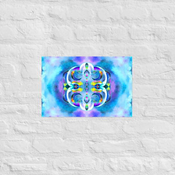 Enter the dreamlike universe of Eldor Art with Crystal Ether, a vibrant digital painting blending sacred geometry with cosmic energy. This symmetrical artwork explores the subtle realms between light and matter through fluid curves, lunar halos, and celestial textures. Available in high-quality prints on canvas, metal, or poster, this piece is perfect to bring a mystical and modern aesthetic into any space. Each element evokes an inner journey—a meeting point between sacred science and contemporary abstraction