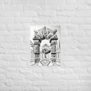 Step into a world of timeless imagination with Arch of Symbols, a hand-drawn pencil artwork by Eldor Art that captures the elegance of ancient architecture infused with surreal fantasy. Every detail is meticulously rendered by hand, giving each print an authentic, textured depth rarely found in digital works. This black-and-white drawing features an intricately carved archway adorned with mysterious symbols and organic motifs, leading to a dreamlike courtyard with a solitary tree and a temple in the distance. Its symmetrical composition and striking perspective create a visual illusion that draws the viewer in, making it a perfect centerpiece for lovers of fantasy, classical architecture, and fine pencil art.