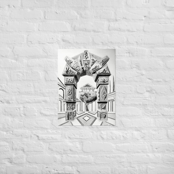 Step into a world of timeless imagination with Arch of Symbols, a hand-drawn pencil artwork by Eldor Art that captures the elegance of ancient architecture infused with surreal fantasy. Every detail is meticulously rendered by hand, giving each print an authentic, textured depth rarely found in digital works. This black-and-white drawing features an intricately carved archway adorned with mysterious symbols and organic motifs, leading to a dreamlike courtyard with a solitary tree and a temple in the distance. Its symmetrical composition and striking perspective create a visual illusion that draws the viewer in, making it a perfect centerpiece for lovers of fantasy, classical architecture, and fine pencil art.