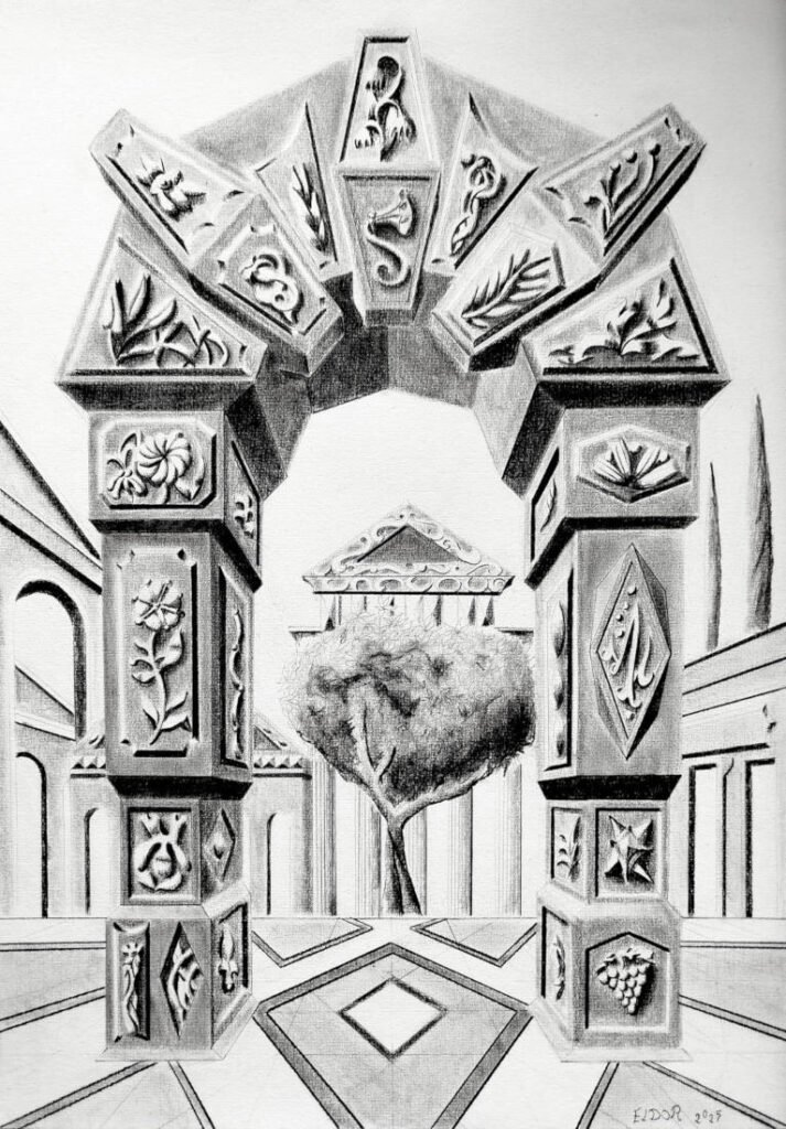 Step into a world of timeless imagination with Arch of Symbols, a hand-drawn pencil artwork by Eldor Art that captures the elegance of ancient architecture infused with surreal fantasy. Every detail is meticulously rendered by hand, giving each print an authentic, textured depth rarely found in digital works.</p><p>This black-and-white drawing features an intricately carved archway adorned with mysterious symbols and organic motifs, leading to a dreamlike courtyard with a solitary tree and a temple in the distance. Its symmetrical composition and striking perspective create a visual illusion that draws the viewer in, making it a perfect centerpiece for lovers of fantasy, classical architecture, and fine pencil art.</p>
