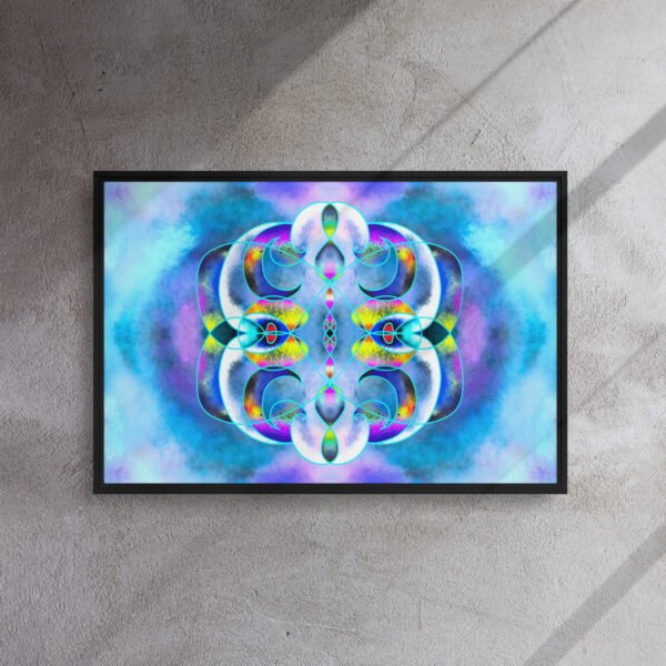 Enter the dreamlike universe of Eldor Art with Crystal Ether, a vibrant digital painting blending sacred geometry with cosmic energy. This symmetrical artwork explores the subtle realms between light and matter through fluid curves, lunar halos, and celestial textures. Available in high-quality prints on canvas, metal, or poster, this piece is perfect to bring a mystical and modern aesthetic into any space. Each element evokes an inner journey—a meeting point between sacred science and contemporary abstraction