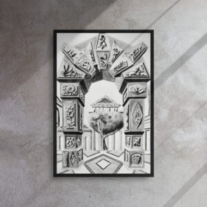 Step into a world of timeless imagination with Arch of Symbols, a hand-drawn pencil artwork by Eldor Art that captures the elegance of ancient architecture infused with surreal fantasy. Every detail is meticulously rendered by hand, giving each print an authentic, textured depth rarely found in digital works. This black-and-white drawing features an intricately carved archway adorned with mysterious symbols and organic motifs, leading to a dreamlike courtyard with a solitary tree and a temple in the distance. Its symmetrical composition and striking perspective create a visual illusion that draws the viewer in, making it a perfect centerpiece for lovers of fantasy, classical architecture, and fine pencil art.