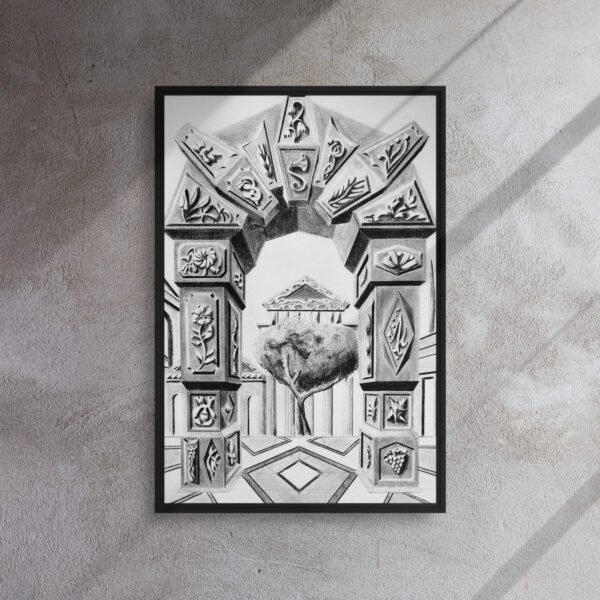 Step into a world of timeless imagination with Arch of Symbols, a hand-drawn pencil artwork by Eldor Art that captures the elegance of ancient architecture infused with surreal fantasy. Every detail is meticulously rendered by hand, giving each print an authentic, textured depth rarely found in digital works. This black-and-white drawing features an intricately carved archway adorned with mysterious symbols and organic motifs, leading to a dreamlike courtyard with a solitary tree and a temple in the distance. Its symmetrical composition and striking perspective create a visual illusion that draws the viewer in, making it a perfect centerpiece for lovers of fantasy, classical architecture, and fine pencil art.