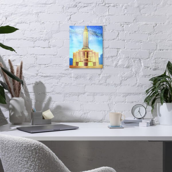 Original hand-painted artwork on wood panel by Eldor Art depicting Le Havre’s iconic modernist tower glowing with vibrant stained-glass colors under a starry night sky, highlighting the city’s architectural heritage and creating a poetic urban nightscape.