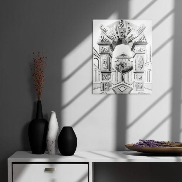 Arch of Symbols – Hand-Drawn Fantasy Architecture Pencil by Eldor Art ( Glossy Metal Print ) - Image 2
