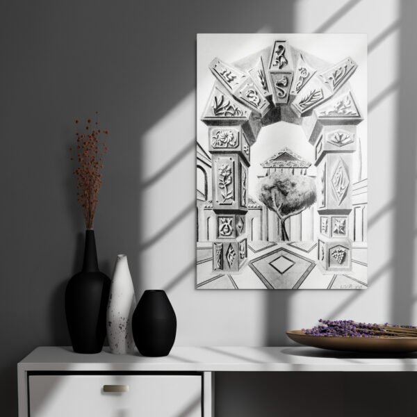 Arch of Symbols – Hand-Drawn Fantasy Architecture Pencil by Eldor Art ( Glossy Metal Print ) - Image 3