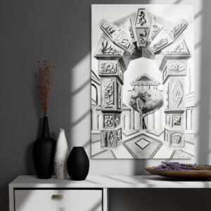 Step into a world of timeless imagination with Arch of Symbols, a hand-drawn pencil artwork by Eldor Art that captures the elegance of ancient architecture infused with surreal fantasy. Every detail is meticulously rendered by hand, giving each print an authentic, textured depth rarely found in digital works. This black-and-white drawing features an intricately carved archway adorned with mysterious symbols and organic motifs, leading to a dreamlike courtyard with a solitary tree and a temple in the distance. Its symmetrical composition and striking perspective create a visual illusion that draws the viewer in, making it a perfect centerpiece for lovers of fantasy, classical architecture, and fine pencil art.
