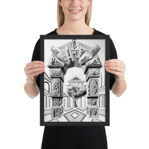 Step into a world of timeless imagination with Arch of Symbols, a hand-drawn pencil artwork by Eldor Art that captures the elegance of ancient architecture infused with surreal fantasy. Every detail is meticulously rendered by hand, giving each print an authentic, textured depth rarely found in digital works. This black-and-white drawing features an intricately carved archway adorned with mysterious symbols and organic motifs, leading to a dreamlike courtyard with a solitary tree and a temple in the distance. Its symmetrical composition and striking perspective create a visual illusion that draws the viewer in, making it a perfect centerpiece for lovers of fantasy, classical architecture, and fine pencil art.