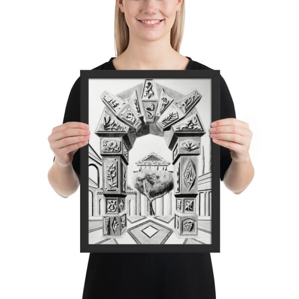 Step into a world of timeless imagination with Arch of Symbols, a hand-drawn pencil artwork by Eldor Art that captures the elegance of ancient architecture infused with surreal fantasy. Every detail is meticulously rendered by hand, giving each print an authentic, textured depth rarely found in digital works. This black-and-white drawing features an intricately carved archway adorned with mysterious symbols and organic motifs, leading to a dreamlike courtyard with a solitary tree and a temple in the distance. Its symmetrical composition and striking perspective create a visual illusion that draws the viewer in, making it a perfect centerpiece for lovers of fantasy, classical architecture, and fine pencil art.