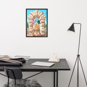 The Memory Cage is a vivid hand-painted artwork originally created on wood panel by Eldor Art, blending geometric architecture with poetic symbolism. This piece invites the viewer to reflect on cherished memories—those timeless moments that remain untouched by the passage of time. At the center of the composition stands a golden, ornate structure—a memory cage—set beneath a monumental arch and surrounded by dreamlike trees in surreal colors. The clean architectural lines contrast with the organic swirls of the sculpture, evoking a delicate balance between permanence and emotion.