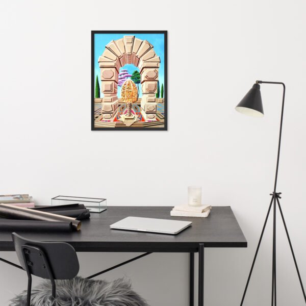 The Memory Cage is a vivid hand-painted artwork originally created on wood panel by Eldor Art, blending geometric architecture with poetic symbolism. This piece invites the viewer to reflect on cherished memories—those timeless moments that remain untouched by the passage of time. At the center of the composition stands a golden, ornate structure—a memory cage—set beneath a monumental arch and surrounded by dreamlike trees in surreal colors. The clean architectural lines contrast with the organic swirls of the sculpture, evoking a delicate balance between permanence and emotion.
