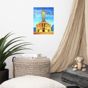 Original hand-painted artwork on wood panel by Eldor Art depicting Le Havre’s iconic modernist tower glowing with vibrant stained-glass colors under a starry night sky, highlighting the city’s architectural heritage and creating a poetic urban nightscape.