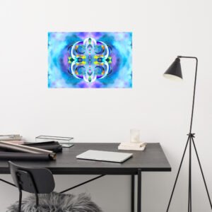 Enter the dreamlike universe of Eldor Art with Crystal Ether, a vibrant digital painting blending sacred geometry with cosmic energy. This symmetrical artwork explores the subtle realms between light and matter through fluid curves, lunar halos, and celestial textures. Available in high-quality prints on canvas, metal, or poster, this piece is perfect to bring a mystical and modern aesthetic into any space. Each element evokes an inner journey—a meeting point between sacred science and contemporary abstraction