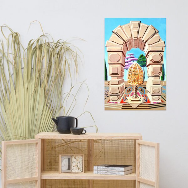 The Memory Cage is a vivid hand-painted artwork originally created on wood panel by Eldor Art, blending geometric architecture with poetic symbolism. This piece invites the viewer to reflect on cherished memories—those timeless moments that remain untouched by the passage of time. At the center of the composition stands a golden, ornate structure—a memory cage—set beneath a monumental arch and surrounded by dreamlike trees in surreal colors. The clean architectural lines contrast with the organic swirls of the sculpture, evoking a delicate balance between permanence and emotion.