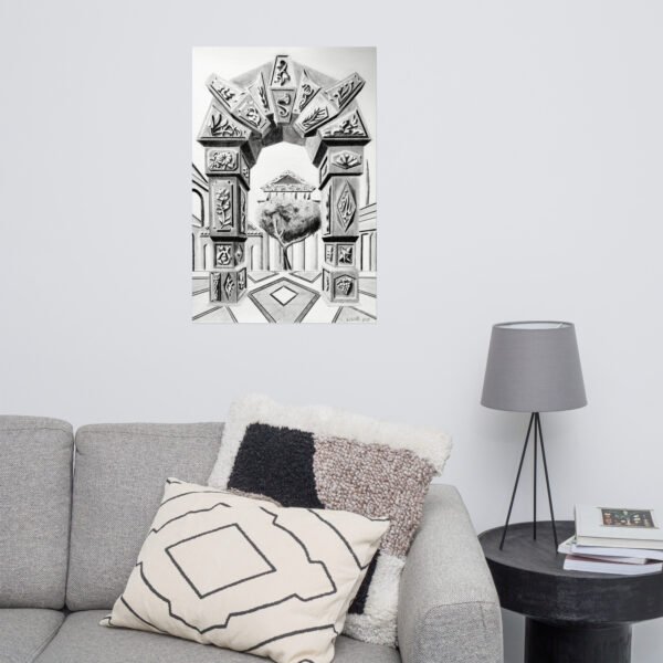 Step into a world of timeless imagination with Arch of Symbols, a hand-drawn pencil artwork by Eldor Art that captures the elegance of ancient architecture infused with surreal fantasy. Every detail is meticulously rendered by hand, giving each print an authentic, textured depth rarely found in digital works. This black-and-white drawing features an intricately carved archway adorned with mysterious symbols and organic motifs, leading to a dreamlike courtyard with a solitary tree and a temple in the distance. Its symmetrical composition and striking perspective create a visual illusion that draws the viewer in, making it a perfect centerpiece for lovers of fantasy, classical architecture, and fine pencil art.