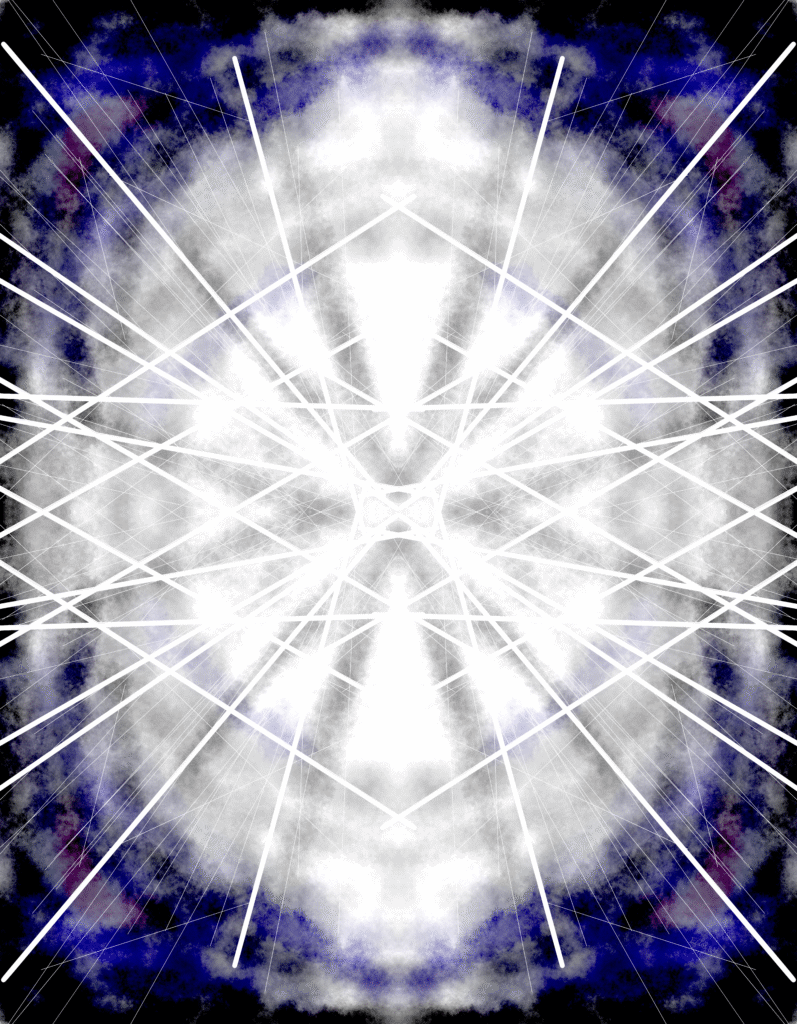 Original digital painting titled Radiant Fury by Eldor, depicting a symmetrical burst of radiant light symbolizing fury and a warlike atmosphere.