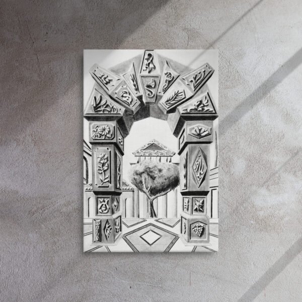 Step into a world of timeless imagination with Arch of Symbols, a hand-drawn pencil artwork by Eldor Art that captures the elegance of ancient architecture infused with surreal fantasy. Every detail is meticulously rendered by hand, giving each print an authentic, textured depth rarely found in digital works. This black-and-white drawing features an intricately carved archway adorned with mysterious symbols and organic motifs, leading to a dreamlike courtyard with a solitary tree and a temple in the distance. Its symmetrical composition and striking perspective create a visual illusion that draws the viewer in, making it a perfect centerpiece for lovers of fantasy, classical architecture, and fine pencil art.