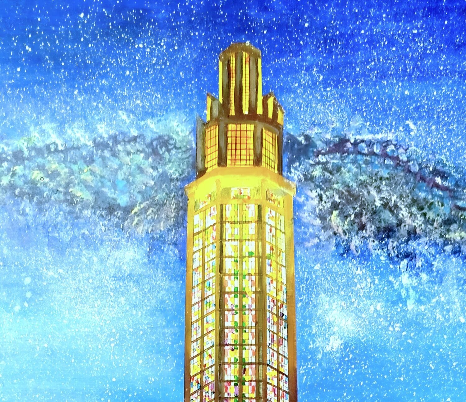 Architectural night artwork by Eldor Art – High-resolution JPEG from the Eldorart collection featuring Le Havre tower under a starry sky