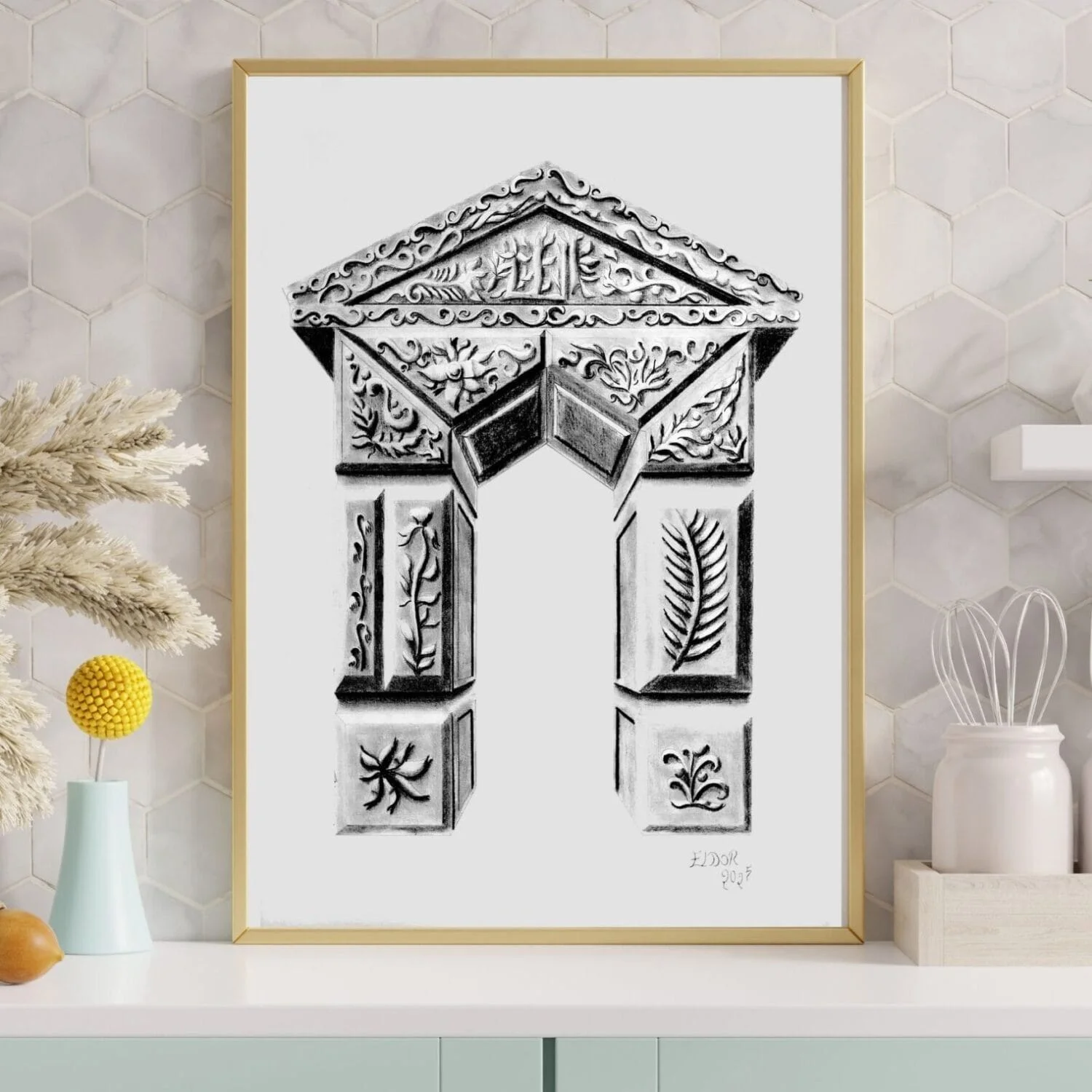 Architectural pencil drawing by Eldor Art – High-resolution JPEG from the Eldorart collection featuring ornate archway and classical details