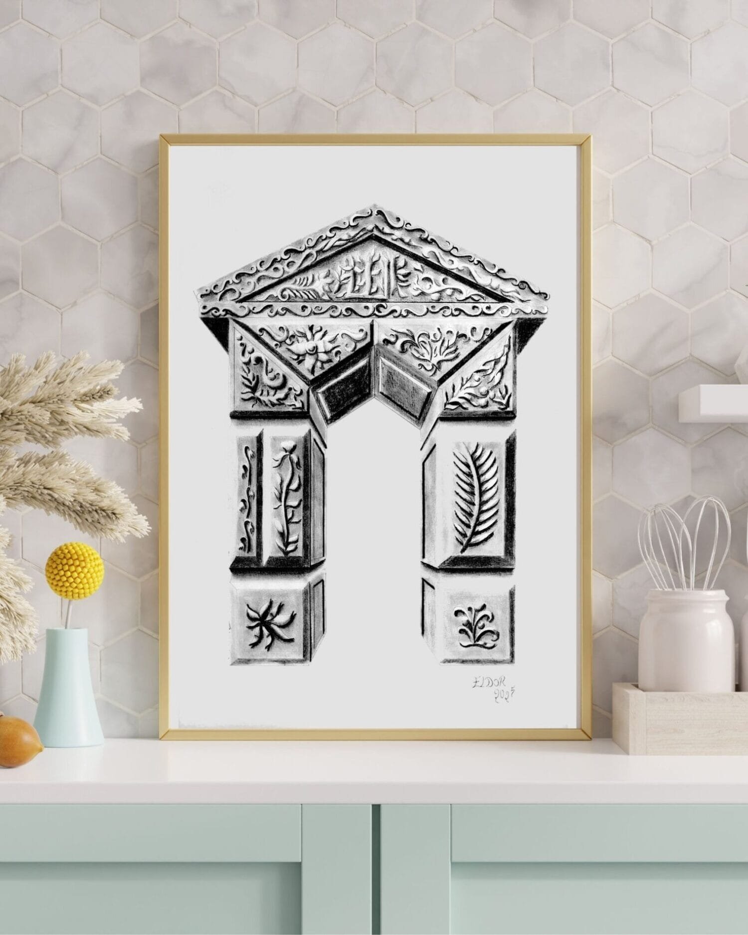 Architectural pencil drawing by Eldor Art – High-resolution JPEG from the Eldorart collection featuring ornate archway and classical details