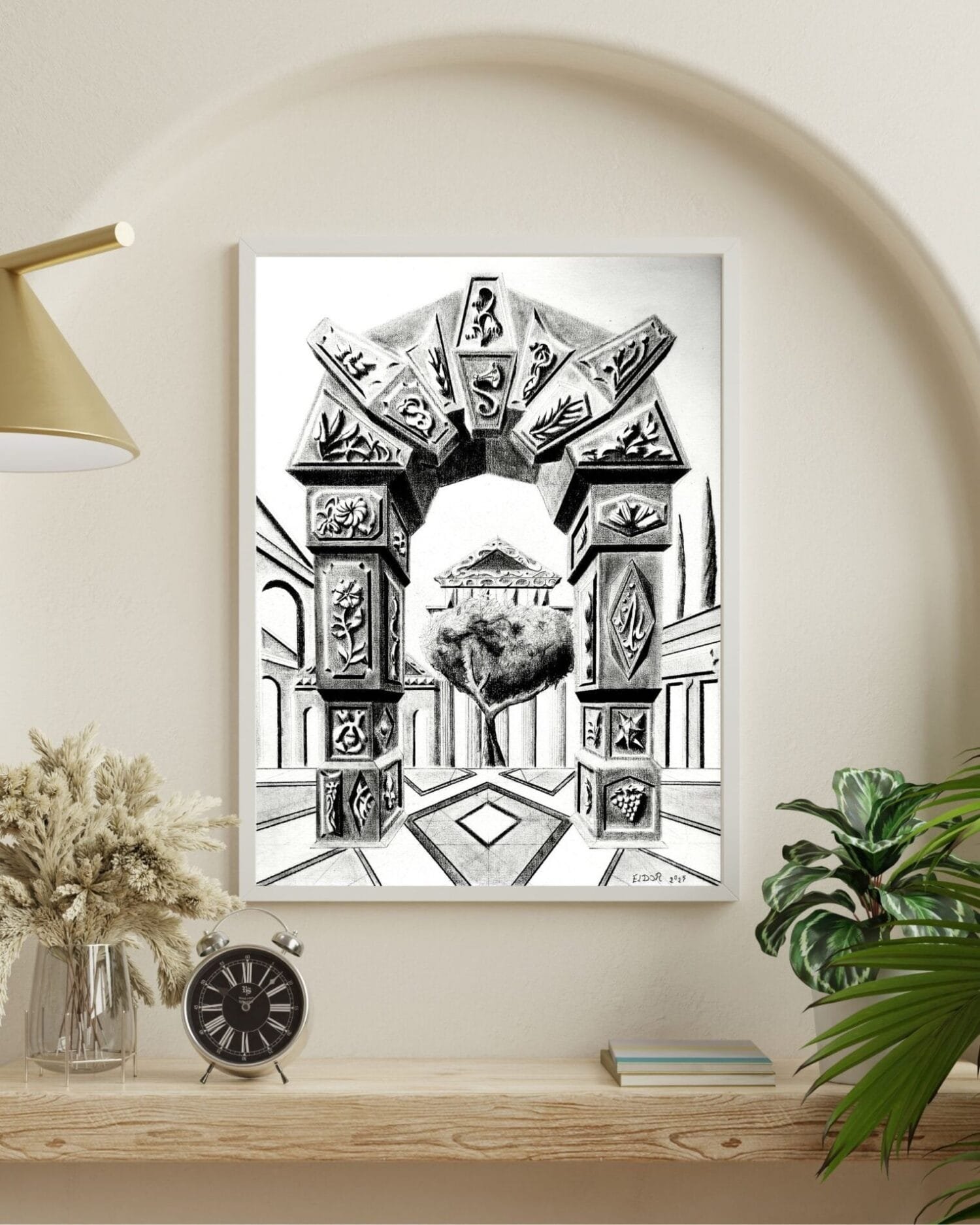 Classical pencil drawing by Eldor Art – High-resolution JPEG from the Eldorart collection featuring ornate archway and architectural details