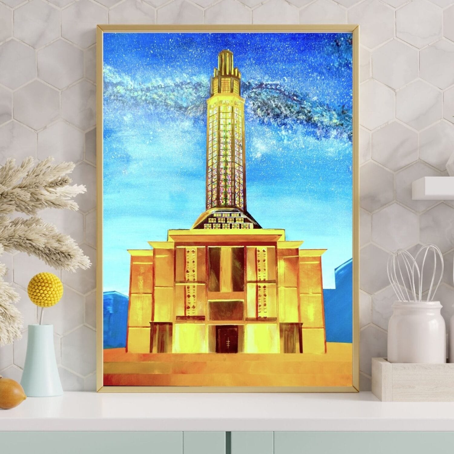 Architectural night artwork by Eldor Art – High-resolution JPEG from the Eldorart collection featuring Le Havre tower under a starry sky