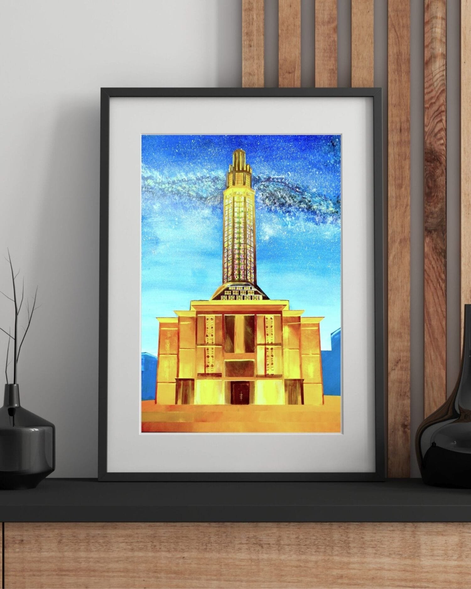 Architectural night artwork by Eldor Art – High-resolution JPEG from the Eldorart collection featuring Le Havre tower under a starry sky