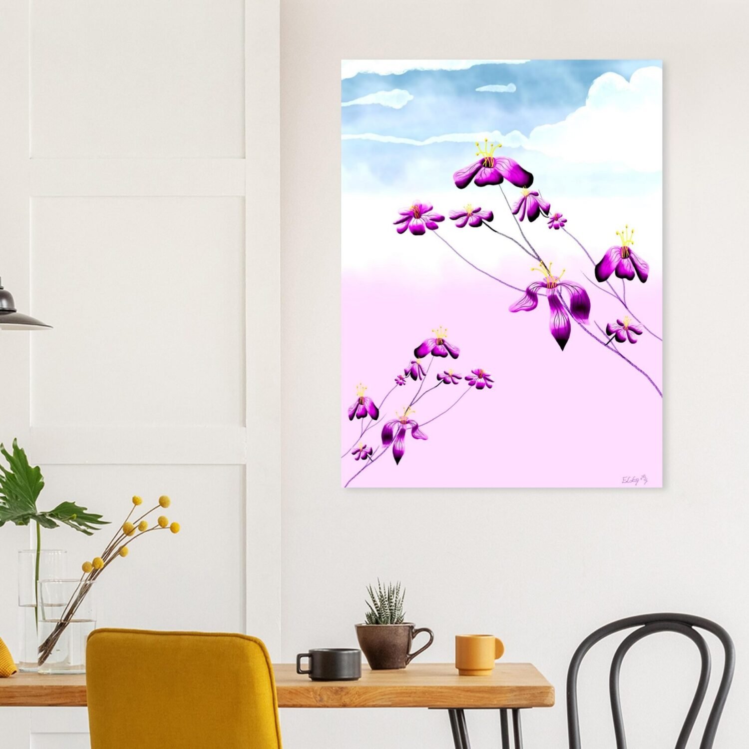 Floral digital artwork by Eldor Art – Matte print from the Eldorart collection featuring purple flowers and pastel sky