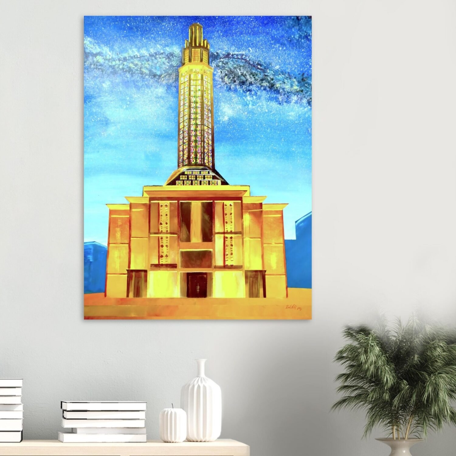 Nighttime architectural artwork by Eldor Art – Matte print from the Eldorart collection featuring Le Havre tower under a starry sky