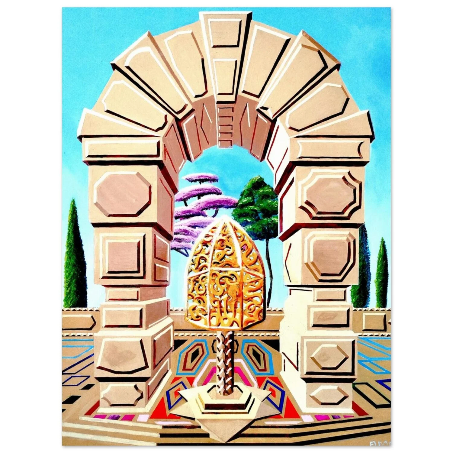 Surreal digital artwork by Eldor Art – Matte print from the Eldorart collection featuring golden sculpture and geometric arches