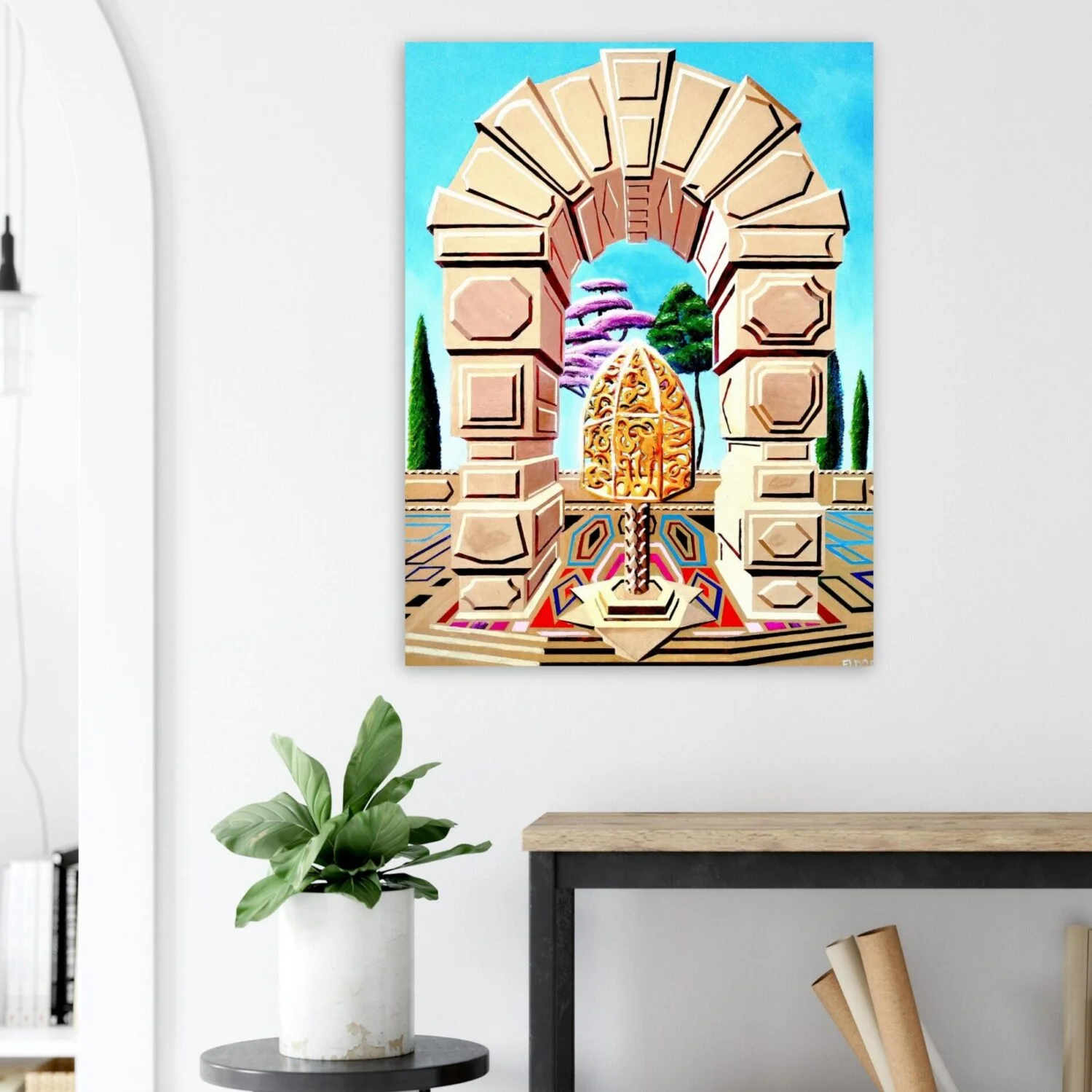 Surreal digital artwork by Eldor Art – Matte print from the Eldorart collection featuring golden sculpture and geometric arches