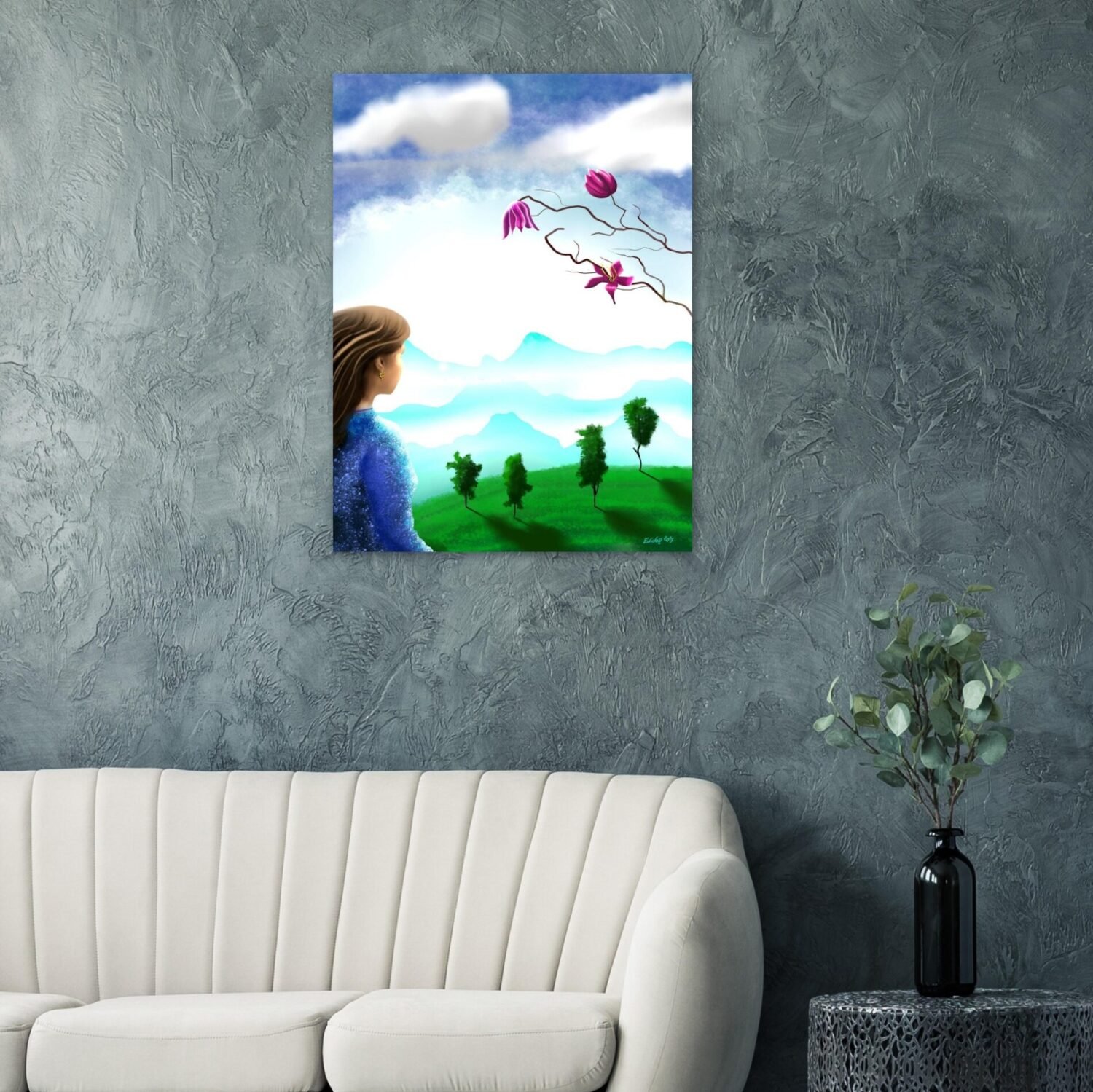 Dreamlike landscape artwork by Eldor Art – Matte print from the Eldorart collection featuring floral sky and serene mountain silhouettes