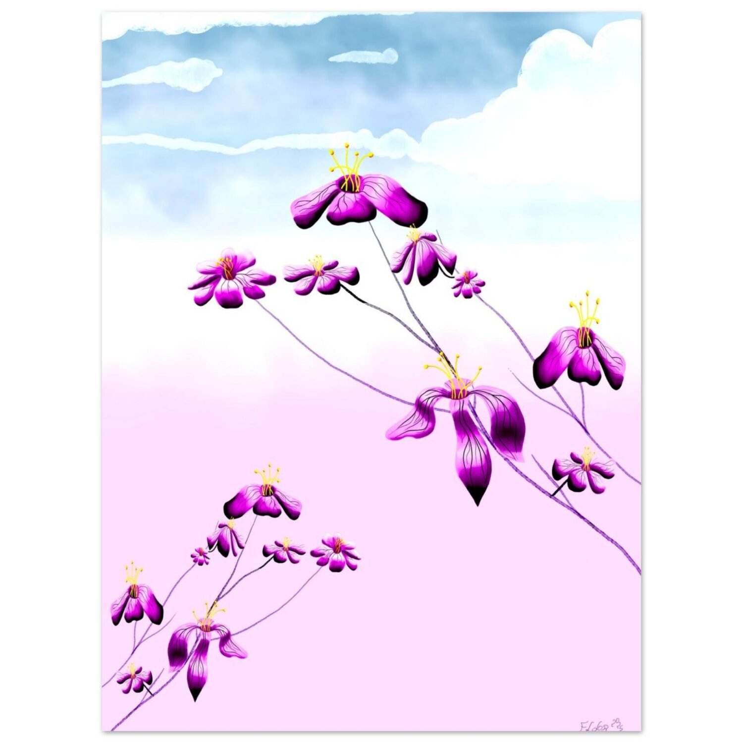 Floral digital artwork by Eldor Art – Matte print from the Eldorart collection featuring purple flowers and pastel sky