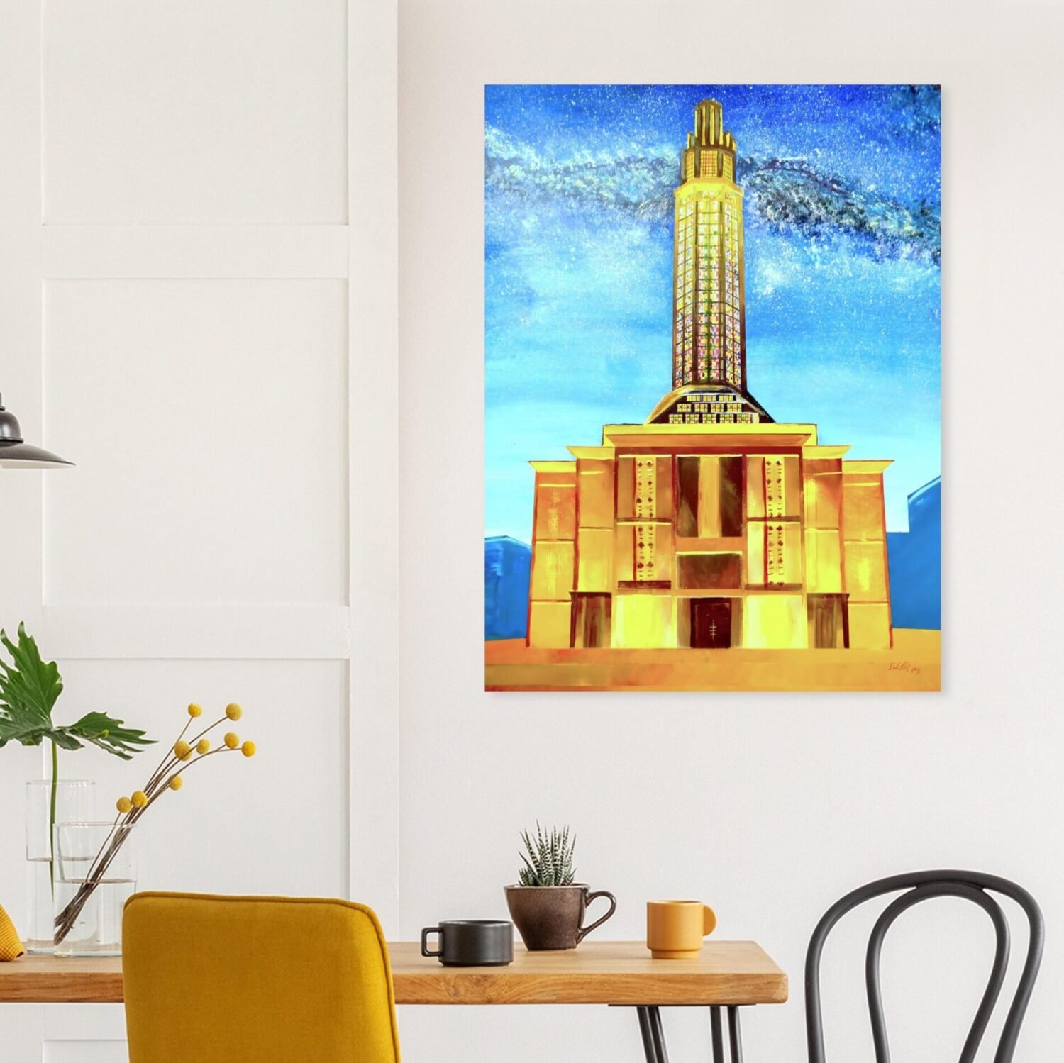 Nighttime architectural artwork by Eldor Art – Matte print from the Eldorart collection featuring Le Havre tower under a starry sky
