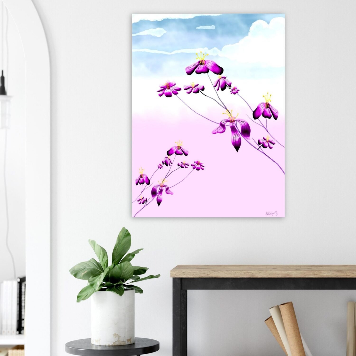 Floral digital artwork by Eldor Art – Matte print from the Eldorart collection featuring purple flowers and pastel sky