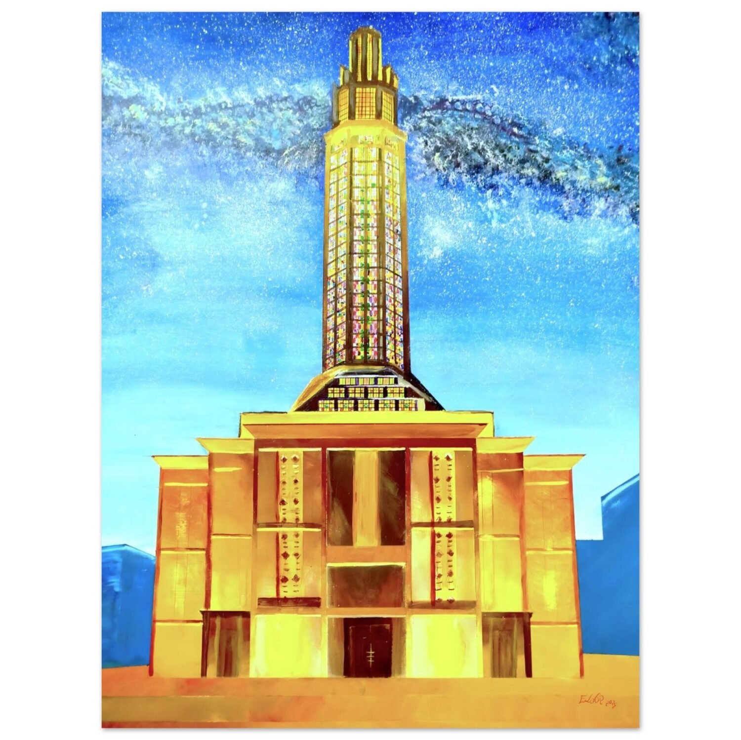 Nighttime architectural artwork by Eldor Art – Matte print from the Eldorart collection featuring Le Havre tower under a starry sky