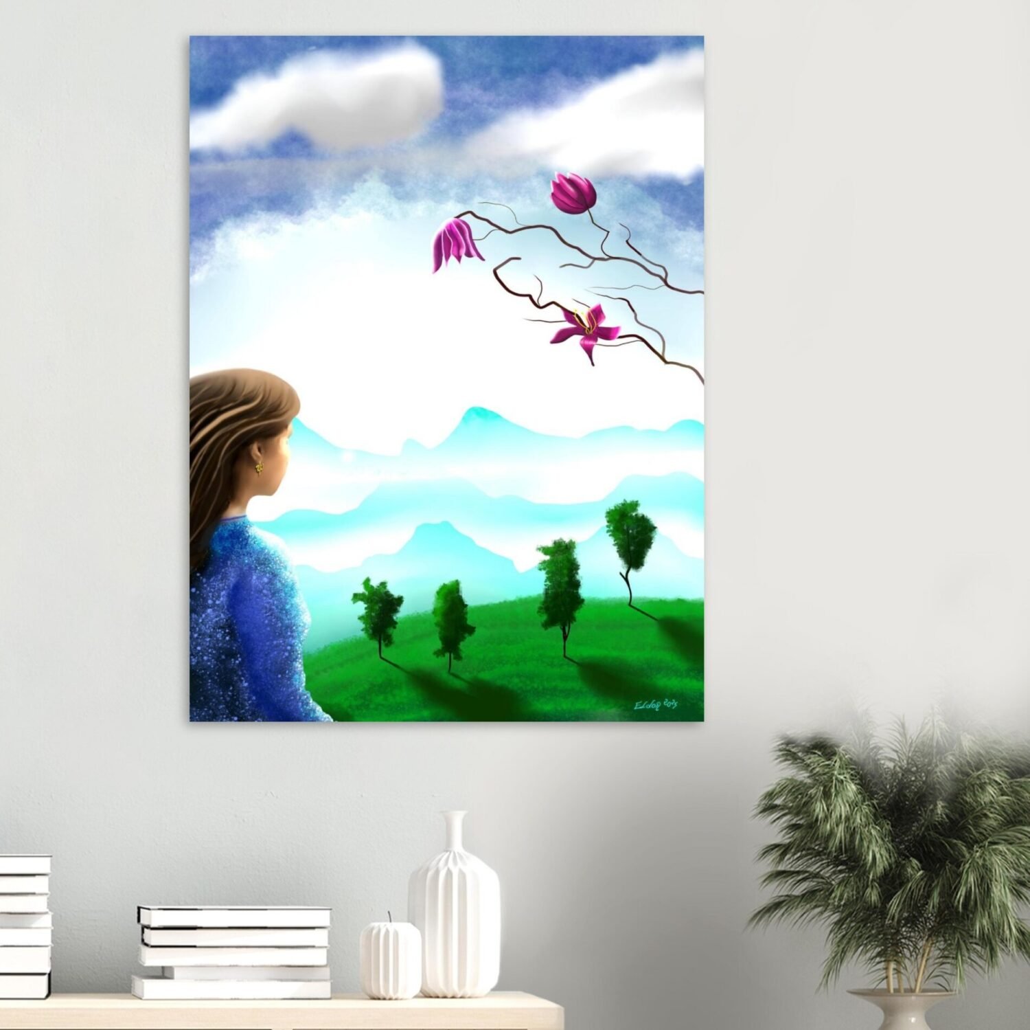 Dreamlike landscape artwork by Eldor Art – Matte print from the Eldorart collection featuring floral sky and serene mountain silhouettes