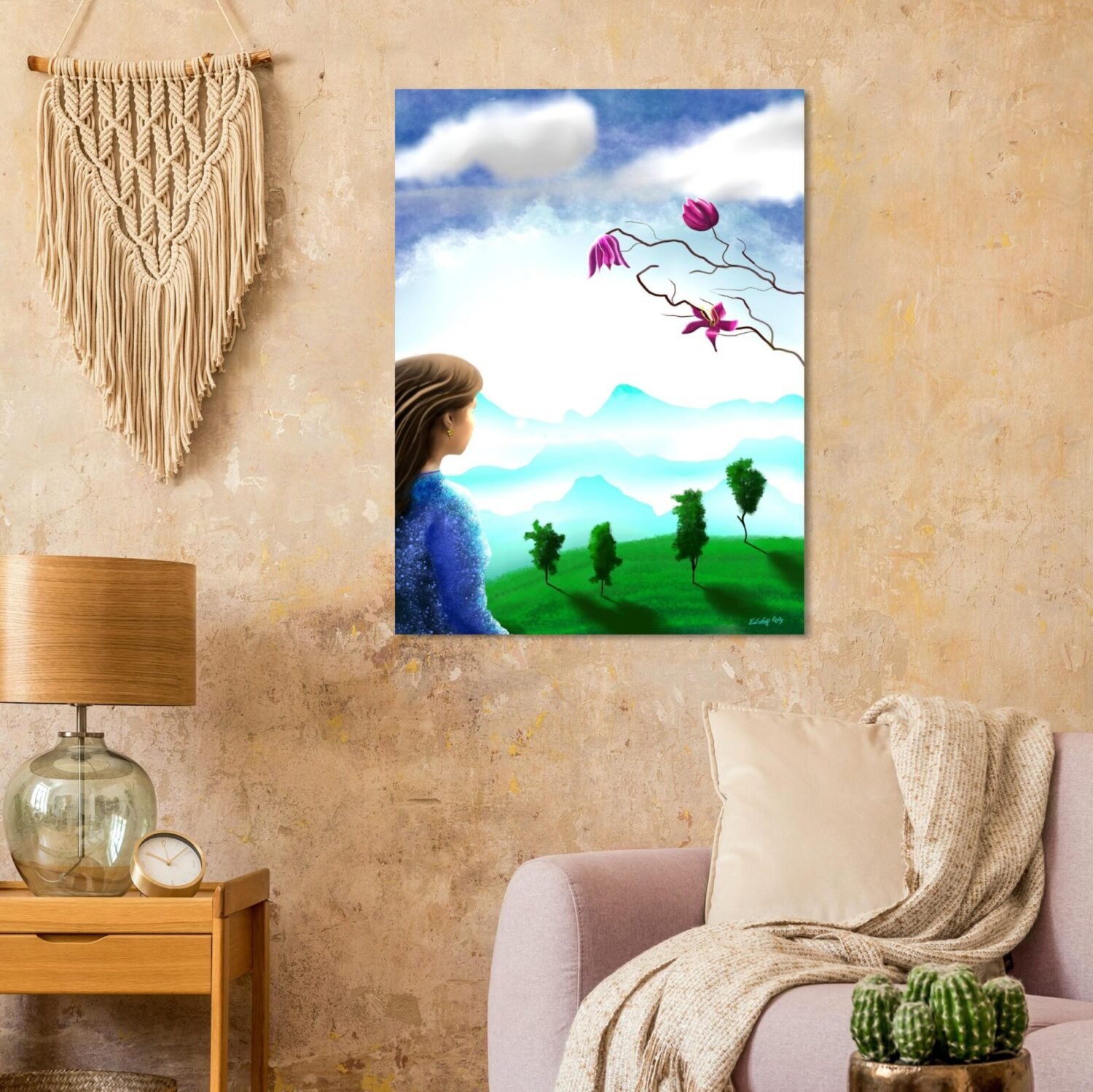 Dreamlike landscape artwork by Eldor Art – Matte print from the Eldorart collection featuring floral sky and serene mountain silhouettes