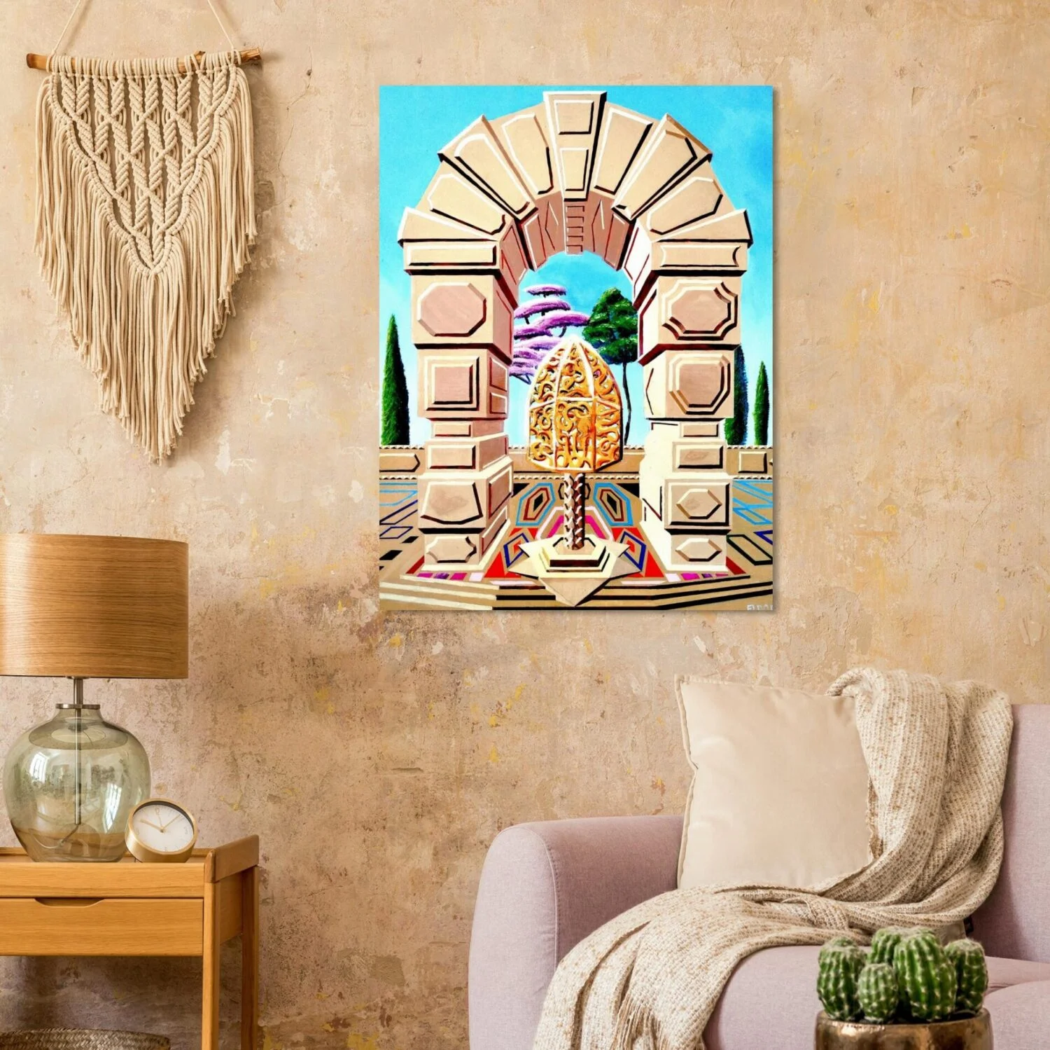 Surreal digital artwork by Eldor Art – Matte print from the Eldorart collection featuring golden sculpture and geometric arches