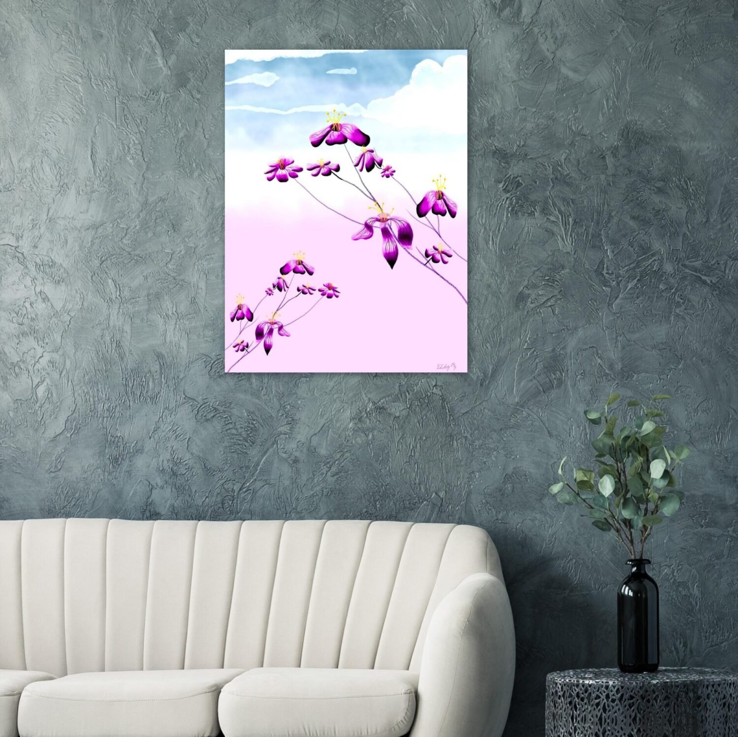 Floral digital artwork by Eldor Art – Matte print from the Eldorart collection featuring purple flowers and pastel sky