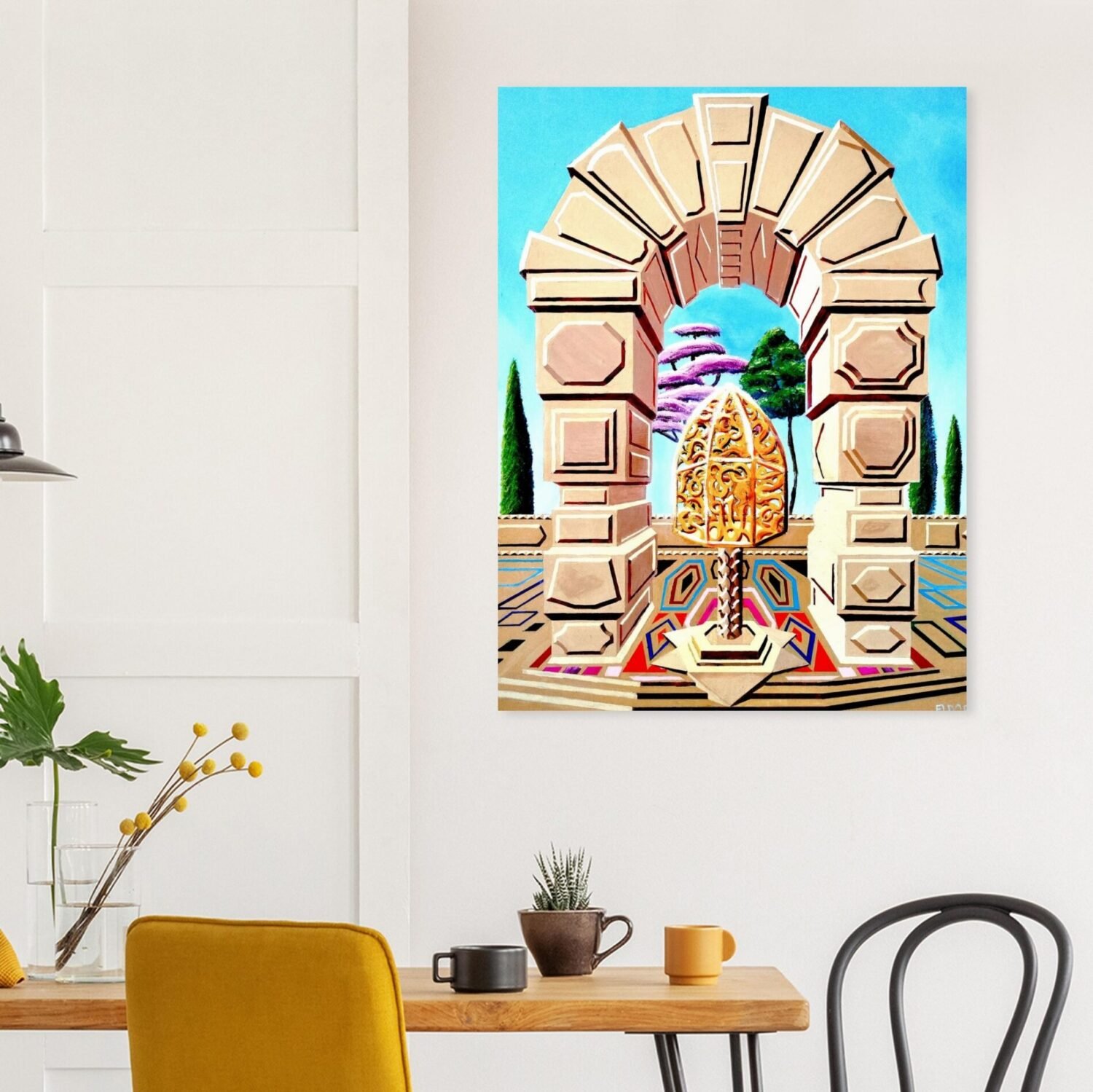 Surreal digital artwork by Eldor Art – Matte print from the Eldorart collection featuring golden sculpture and geometric arches