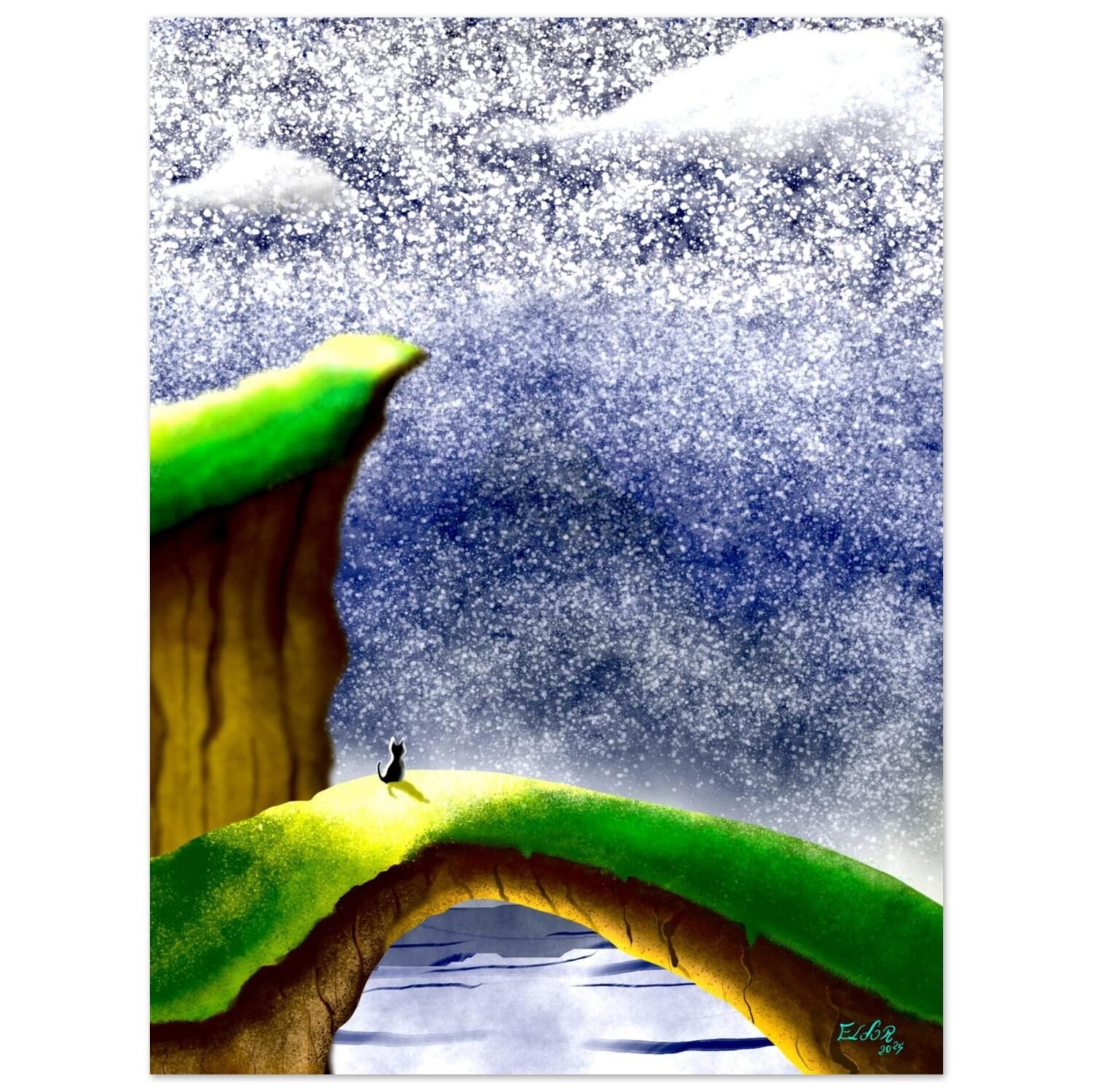 Surreal digital painting of a cat on a grassy bridge printed on matte paper by Eldor Art